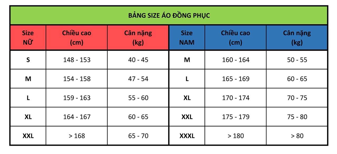 Bảng size áo đồng phục | Bang size ao dong phuc