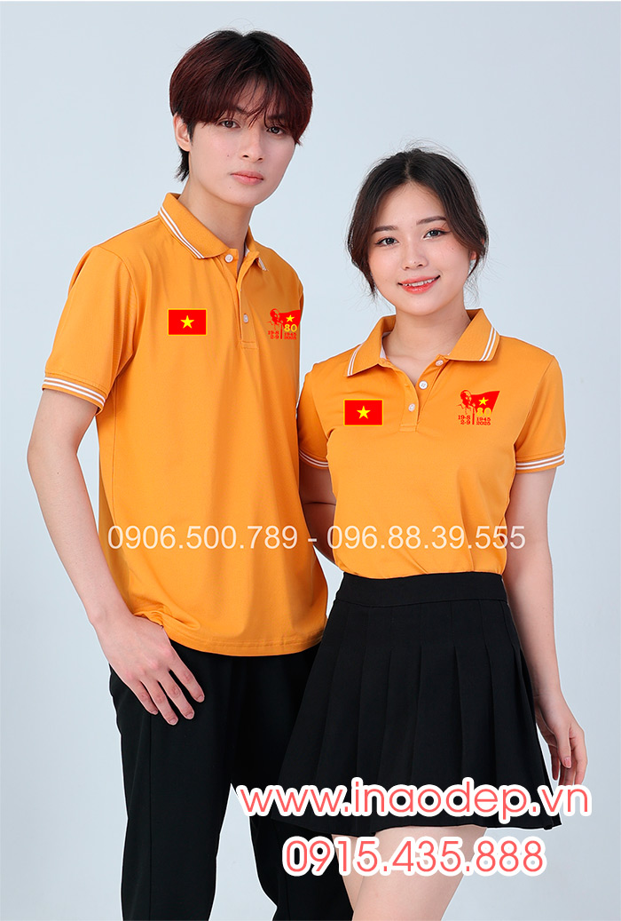 In áo màu cam đất In lá cờ đỏ sao vàng kỉ niệm 80 năm Cách mạng tháng 8 - Quốc Khánh 2-9 | In ao phong dong phuc