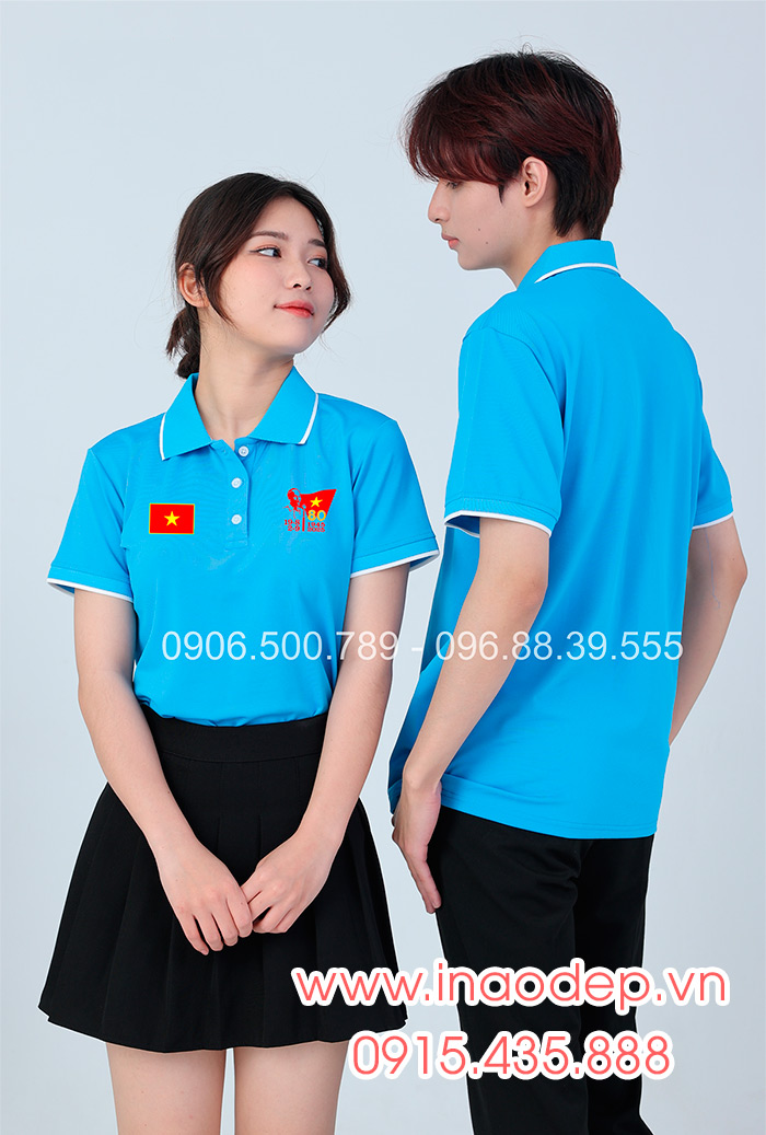 In áo màu xanh YA In lá cờ đỏ sao vàng kỉ niệm 80 năm Cách mạng tháng 8 - Quốc Khánh 2-9 | In ao phong dong phuc