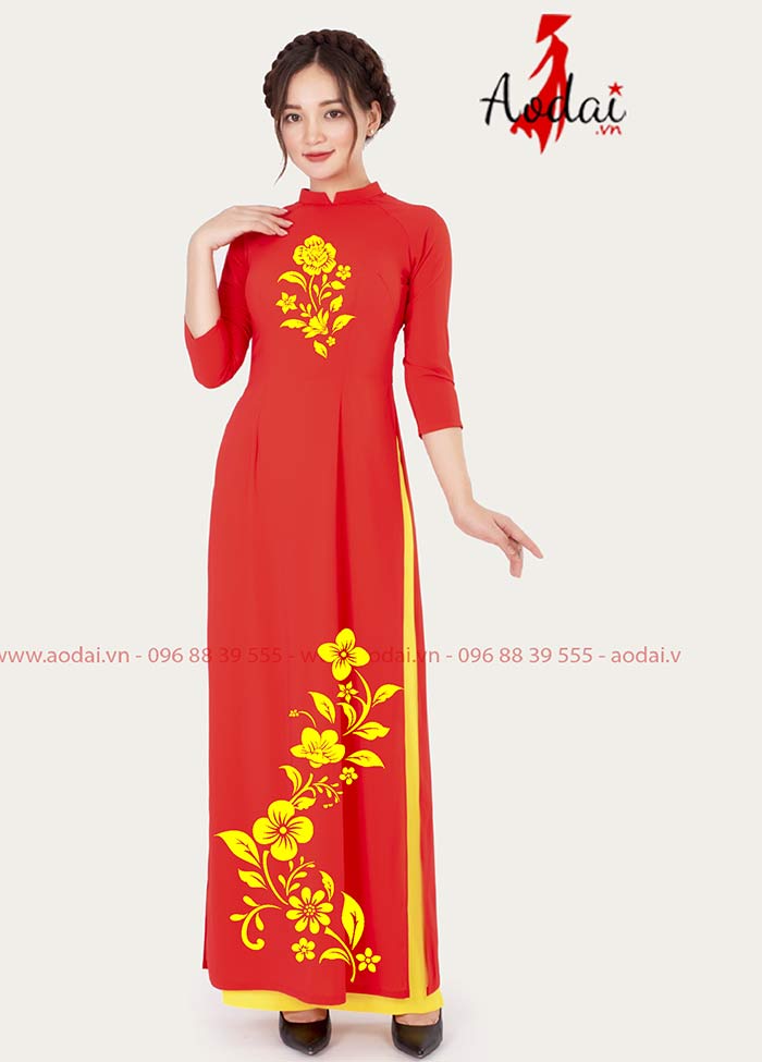 Áo dài nữ Tết in hoa | Ao dai dong phuc