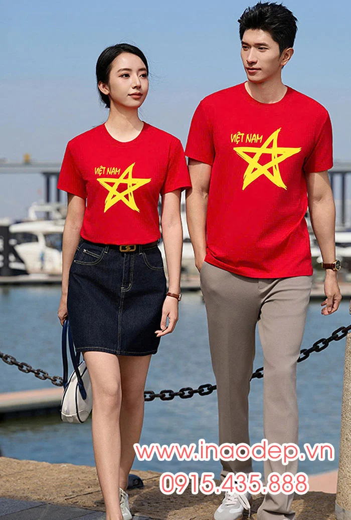 In Áo cờ đỏ In chữ Việt nam cùng ngôi sao vàng