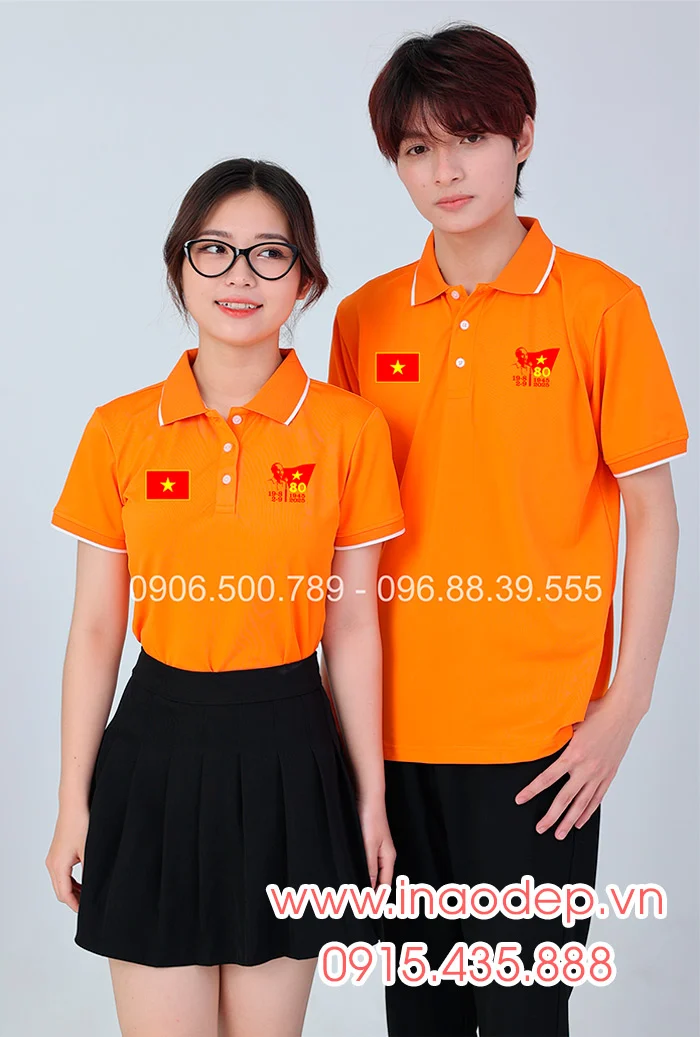 In áo màu cam In lá cờ đỏ sao vàng kỉ niệm 80 năm Cách mạng tháng 8 – Quốc Khánh 2-9
