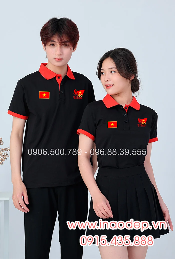 In áo màu đen phối đỏ In lá cờ đỏ sao vàng kỉ niệm 80 năm Cách mạng tháng 8 – Quốc Khánh 2-9