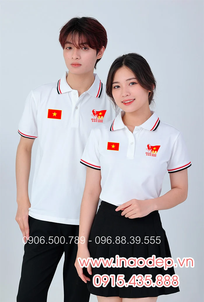 In áo màu trắng In lá cờ đỏ sao vàng kỉ niệm 80 năm Cách mạng tháng 8 - Quốc Khánh 2-9 | In ao phong dong phuc