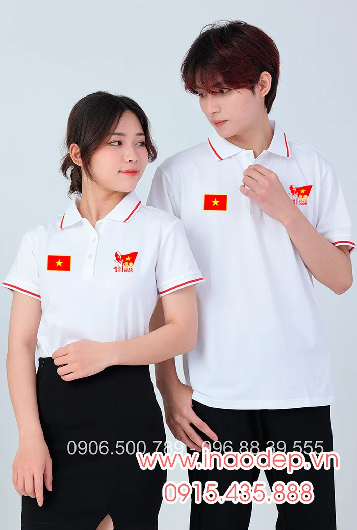 In áo màu trắng In lá cờ đỏ sao vàng kỉ niệm 80 năm Cách mạng tháng 8 - Quốc Khánh 2-9 | In ao phong dong phuc