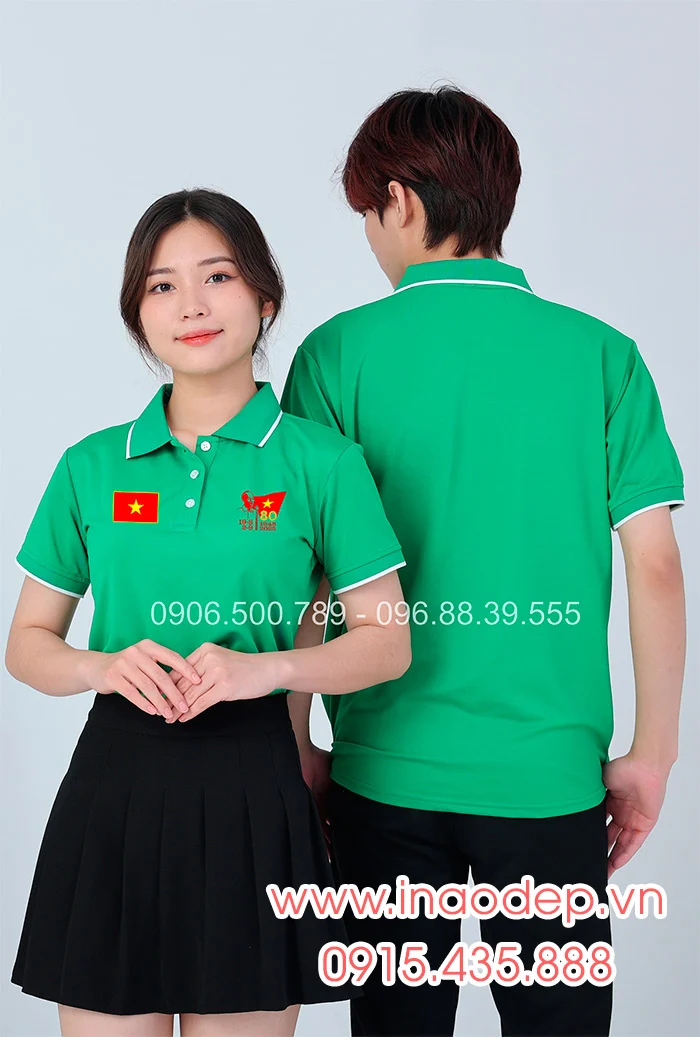 In áo màu xanh lá cây In lá cờ đỏ sao vàng kỉ niệm 80 năm Cách mạng tháng 8 – Quốc Khánh 2-9