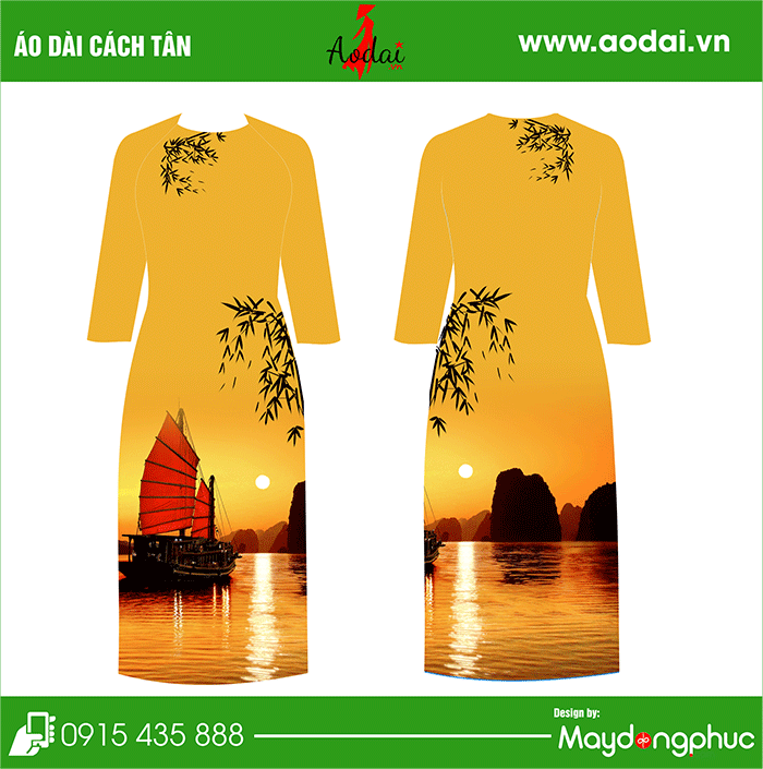 Áo dài cách tân cổ tròn màu vàng