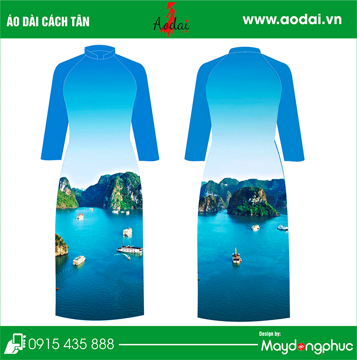 Áo dài cách tân cổ đứng màu xanh YA