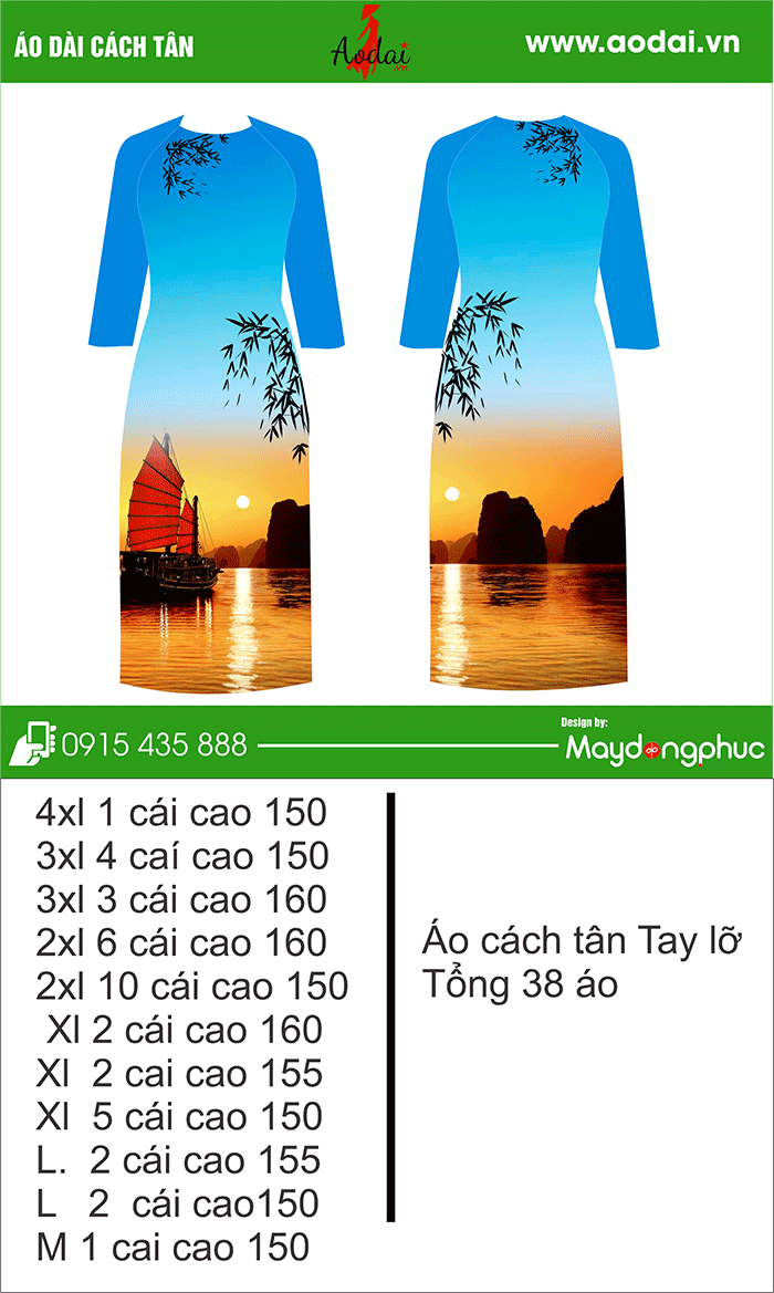 Áo dài cách tân cổ tròn màu xanh YA