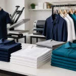 Áo thun và áo polo đồng phục công ty được sắp xếp trong xưởng in hiện đại
