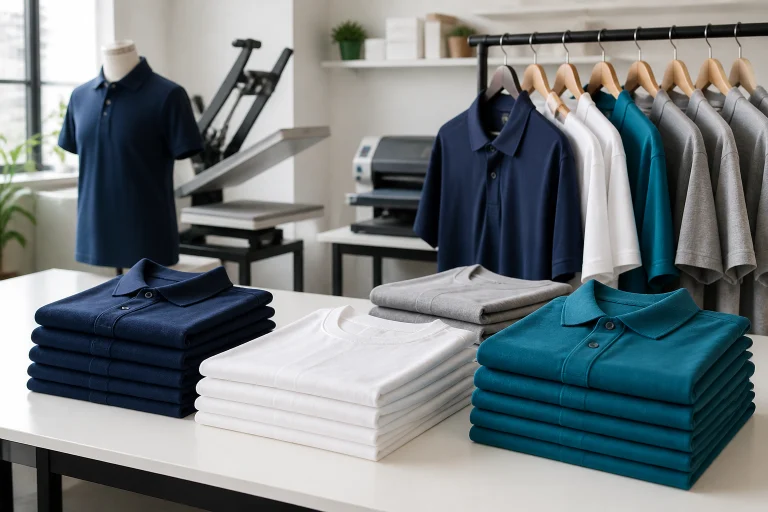 Áo thun và áo polo đồng phục công ty được sắp xếp trong xưởng in hiện đại