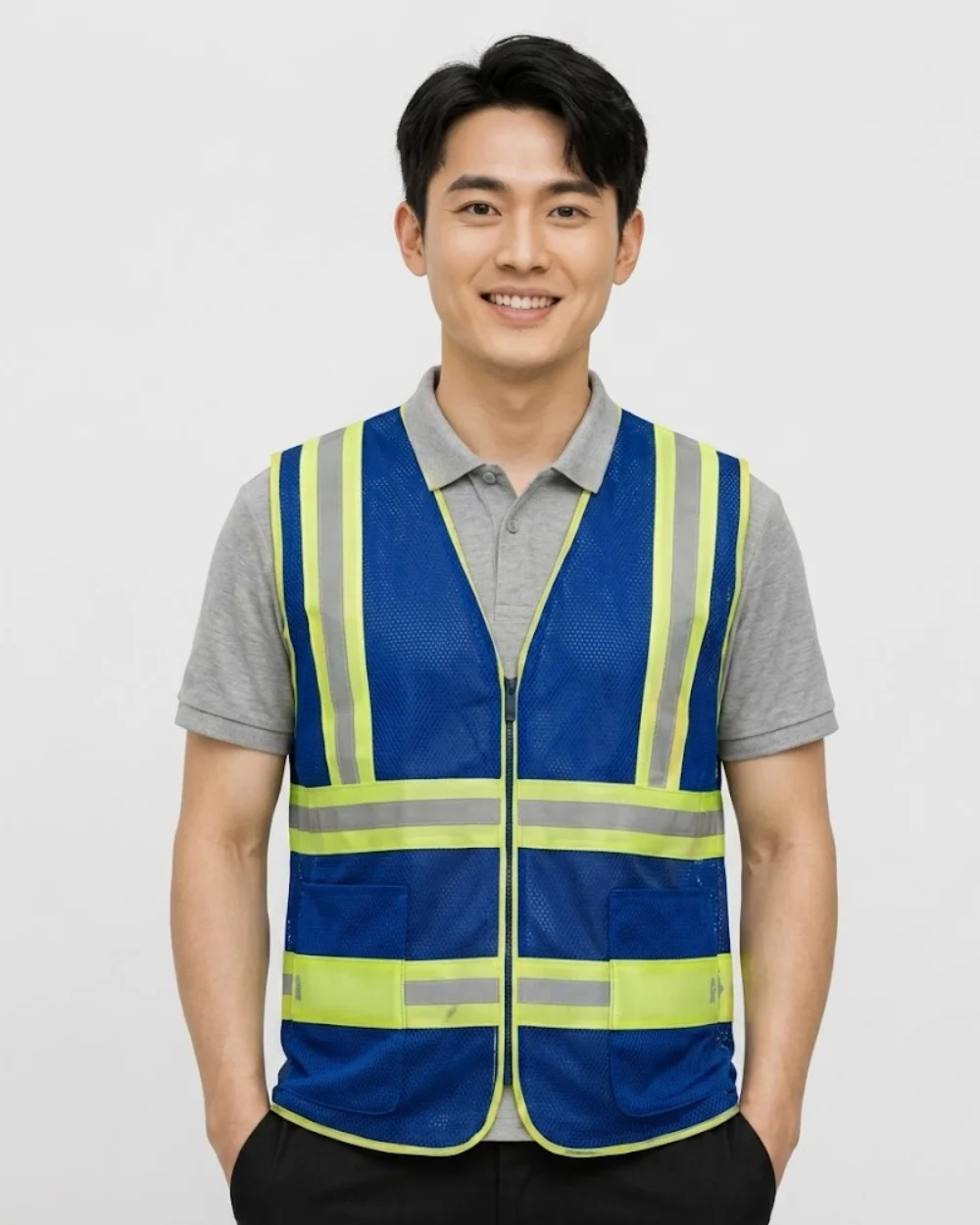 Áo Lưới phản quang màu xanh dương phối xám viền vàng