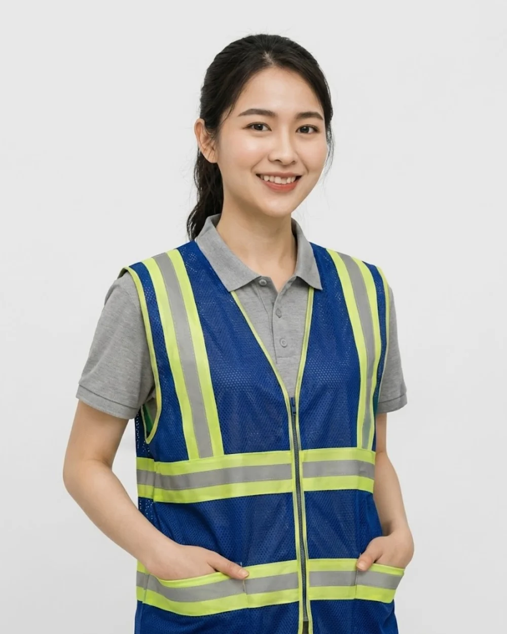 Áo Lưới phản quang màu xanh dương phối xám viền vàng