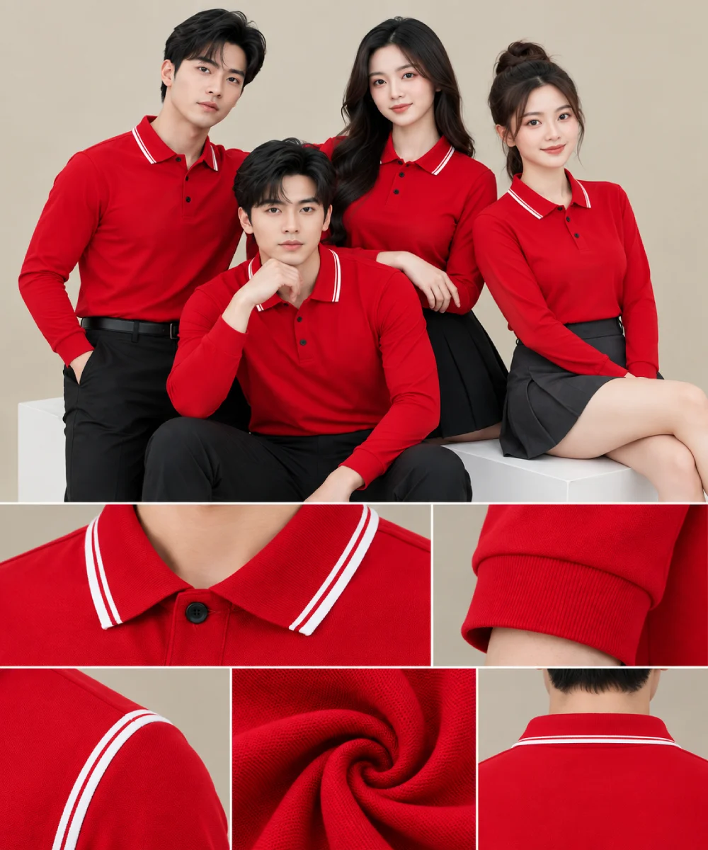 Áo Polo Đồng Phục Dài Tay Màu Đỏ Viền Trắng