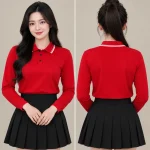 Áo Polo Đồng Phục Dài Tay Màu Đỏ Viền Trắng