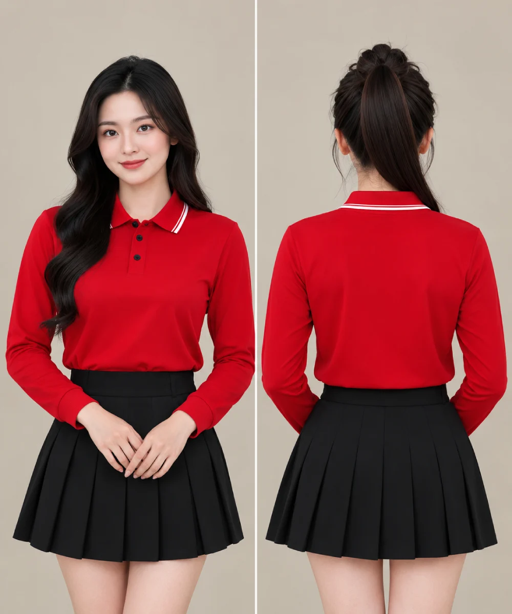 Áo Polo Đồng Phục Dài Tay Màu Đỏ Viền Trắng