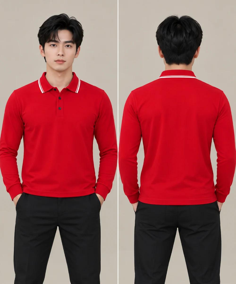 Áo Polo Đồng Phục Dài Tay Màu Đỏ Viền Trắng