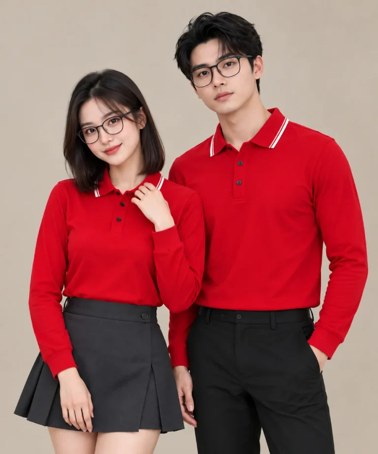 Áo Polo Đồng Phục Dài Tay Màu Đỏ Viền Trắng
