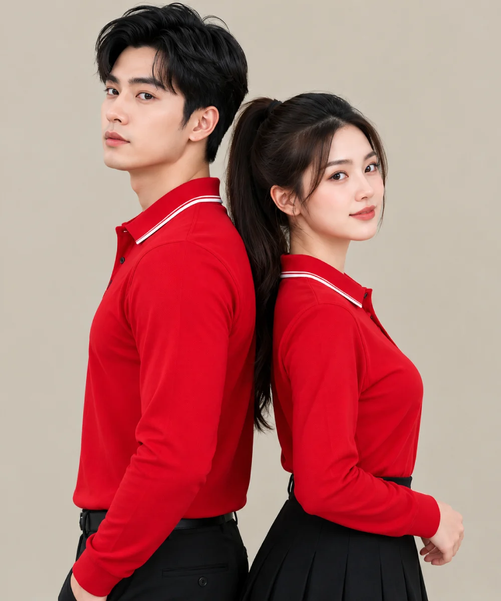 Áo Polo Đồng Phục Dài Tay Màu Đỏ Viền Trắng