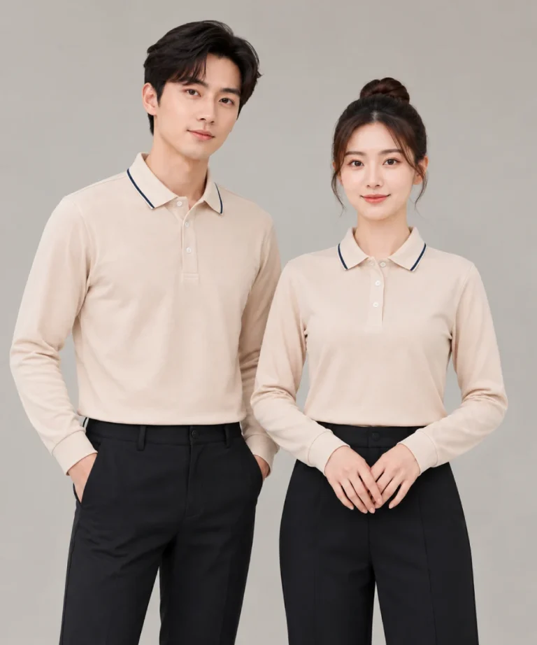 Áo Polo Đồng Phục Dài Tay Màu Kem Viền Xanh Đen
