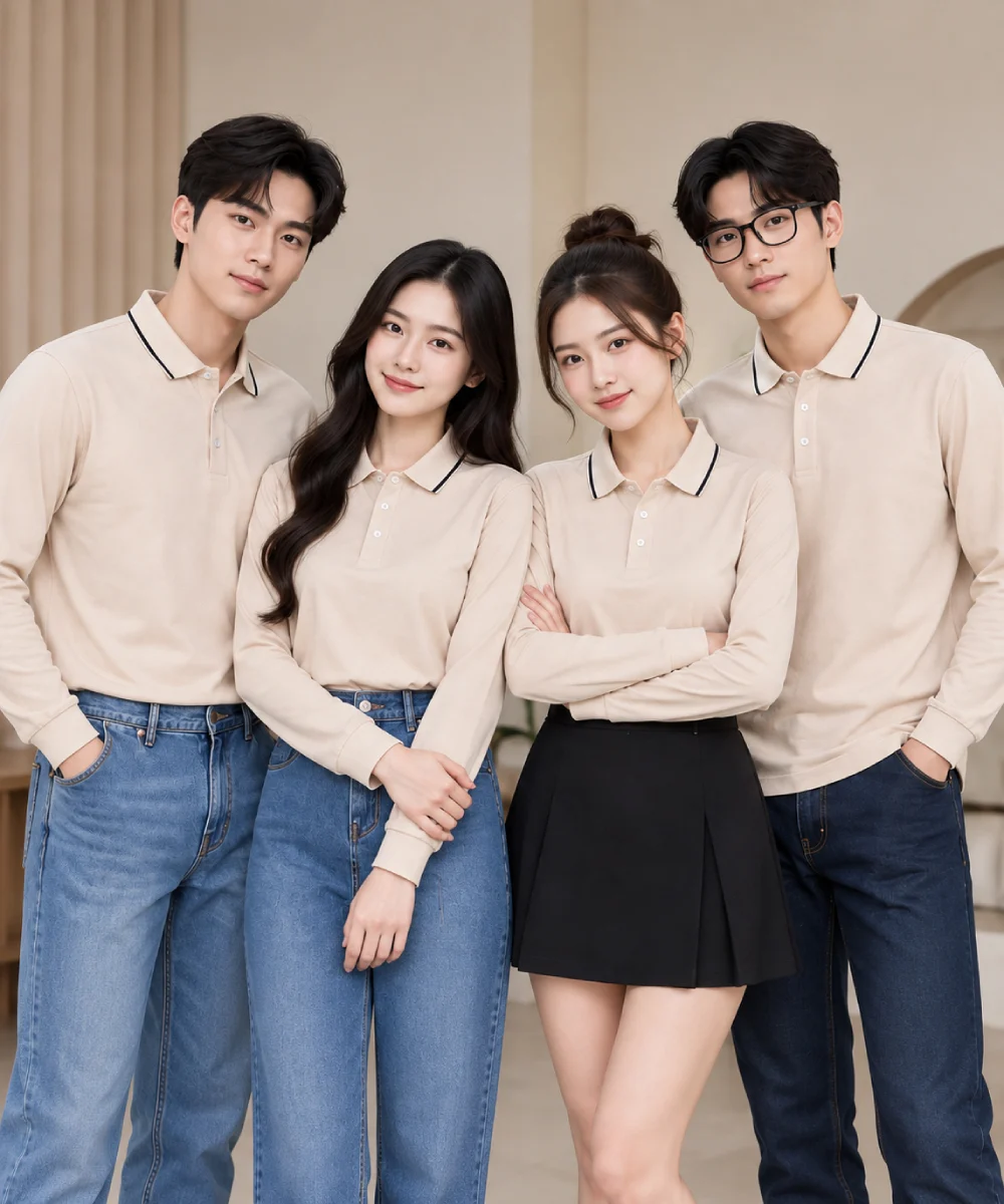 Áo Polo Đồng Phục Dài Tay Màu Kem Viền Xanh Đen