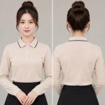 Áo Polo Đồng Phục Dài Tay Màu Kem Viền Xanh Đen
