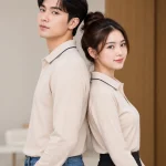 Áo Polo Đồng Phục Dài Tay Màu Kem Viền Xanh Đen