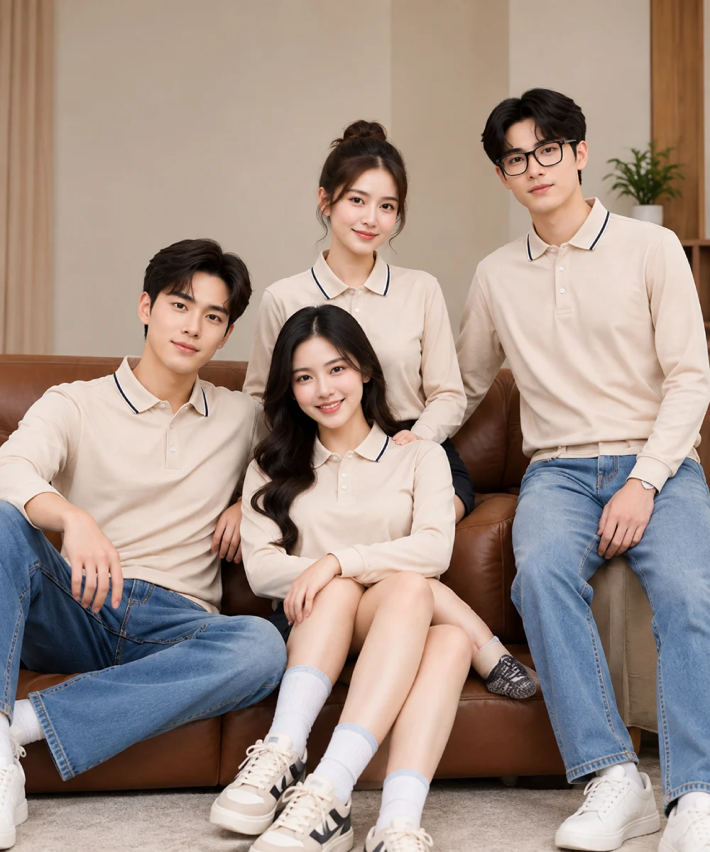 Áo Polo Đồng Phục Dài Tay Màu Kem Viền Xanh Đen