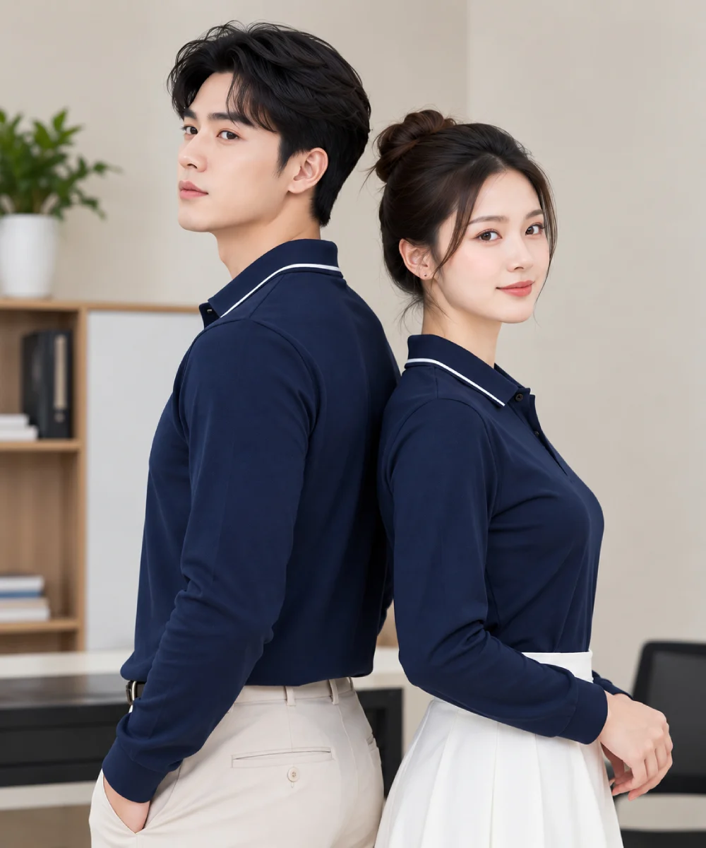 Áo Polo Đồng Phục Dài Tay Màu Xanh Đen Viền Trắng