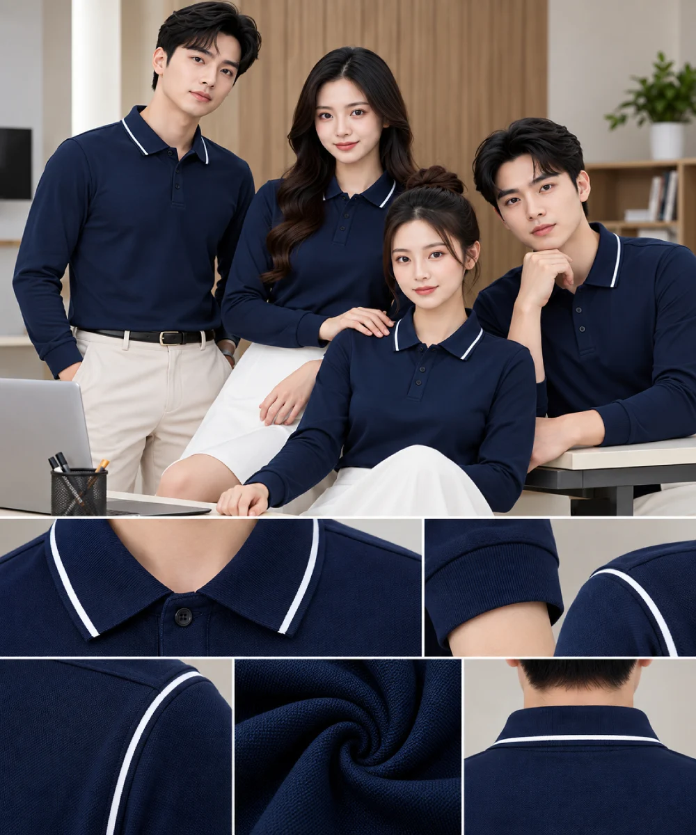 Áo Polo Đồng Phục Dài Tay Màu Xanh Đen Viền Trắng