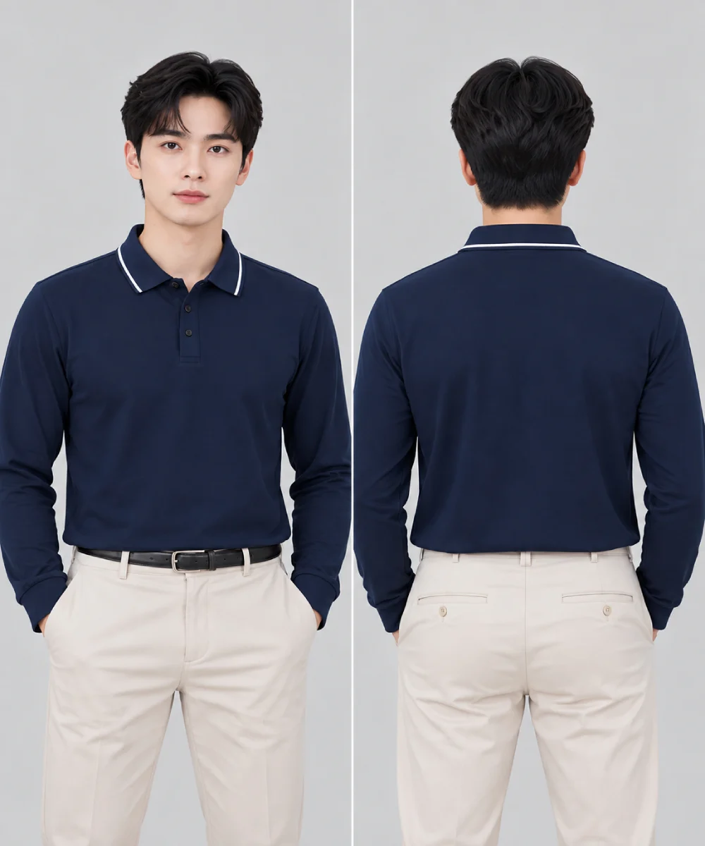 Áo Polo Đồng Phục Dài Tay Màu Xanh Đen Viền Trắng