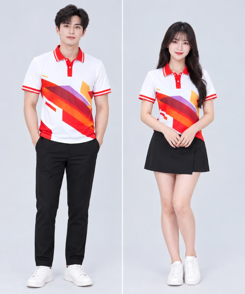 Áo Polo Đồng Phục Dạng Hình Học Cổ Đỏ