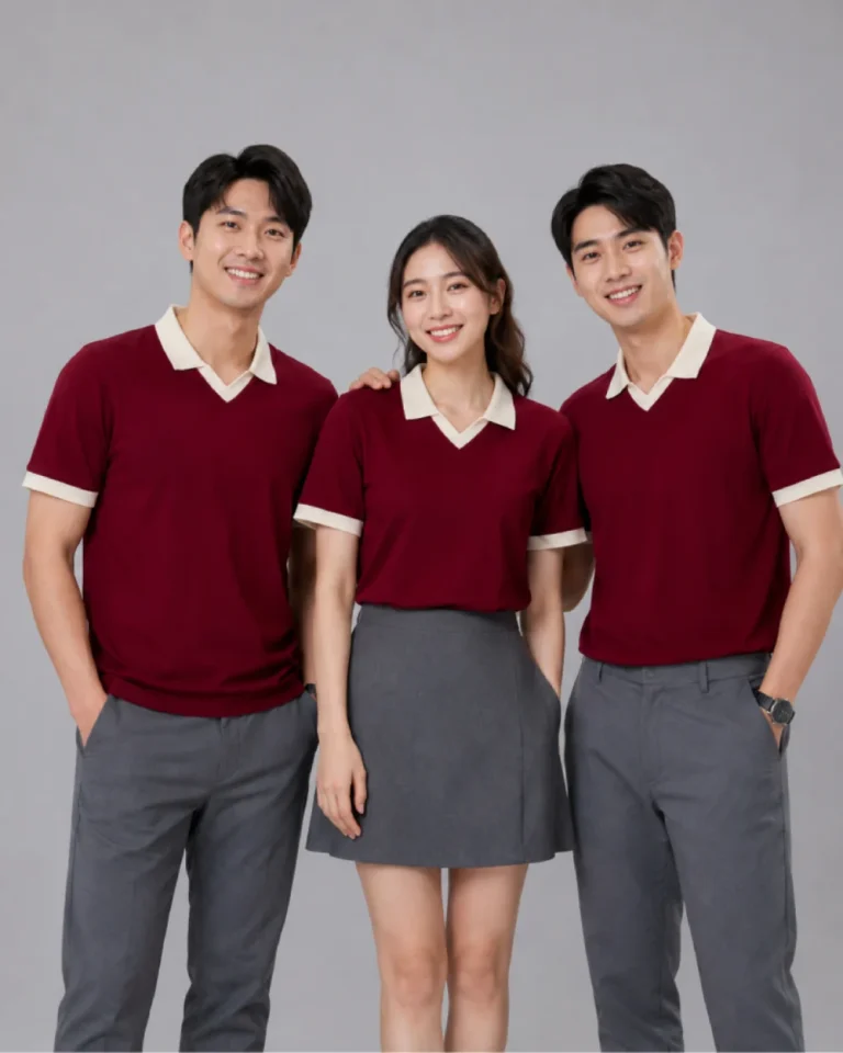 Áo Polo Đồng Phục Đỏ Mận Cổ Tim Viền Kem