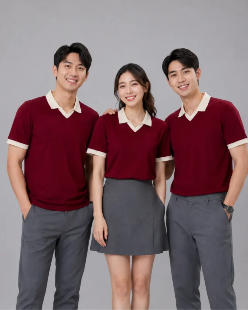 Áo Polo Đồng Phục Đỏ Mận Cổ Tim Viền Kem