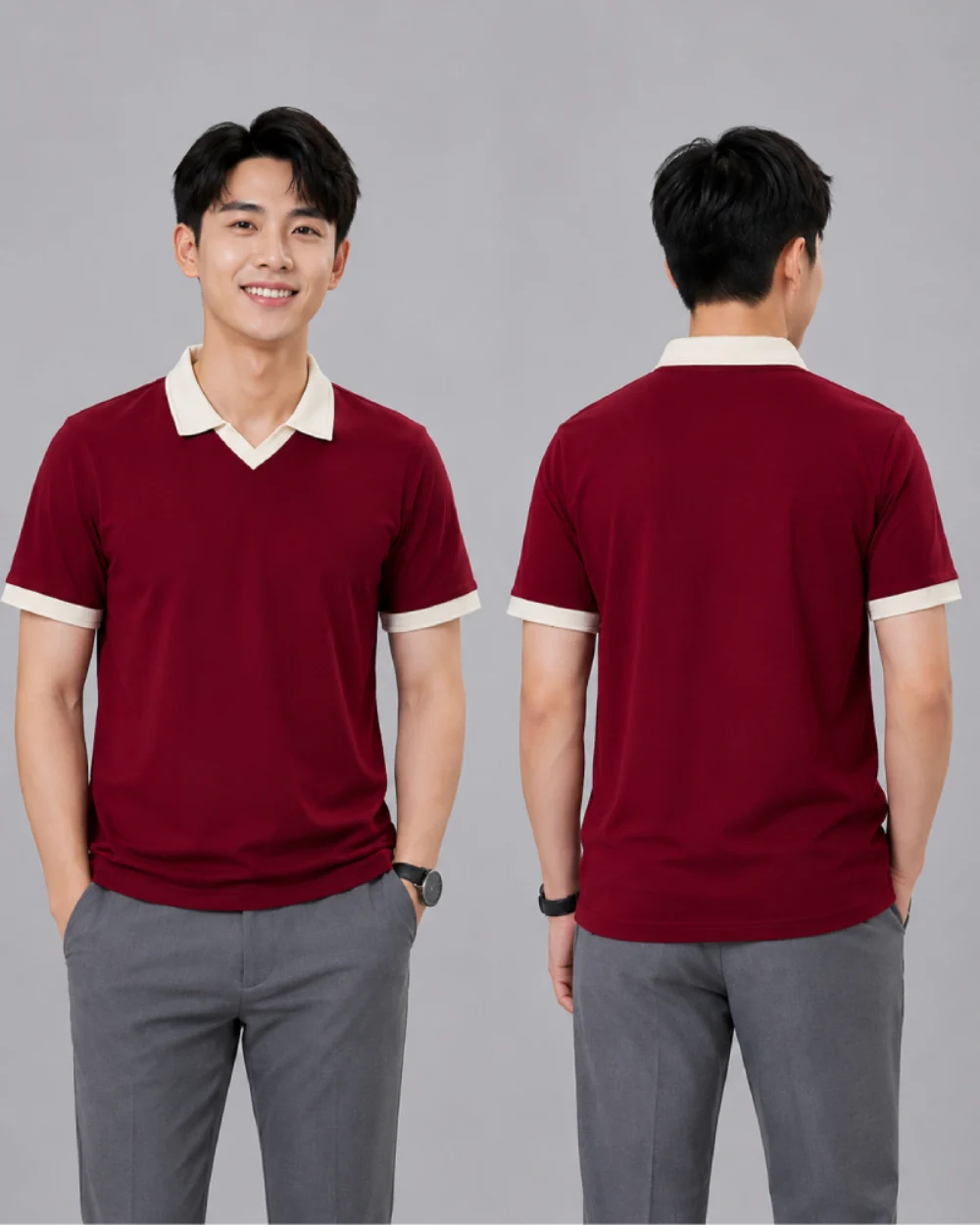 Áo Polo Đồng Phục Đỏ Mận Cổ Tim Viền Kem