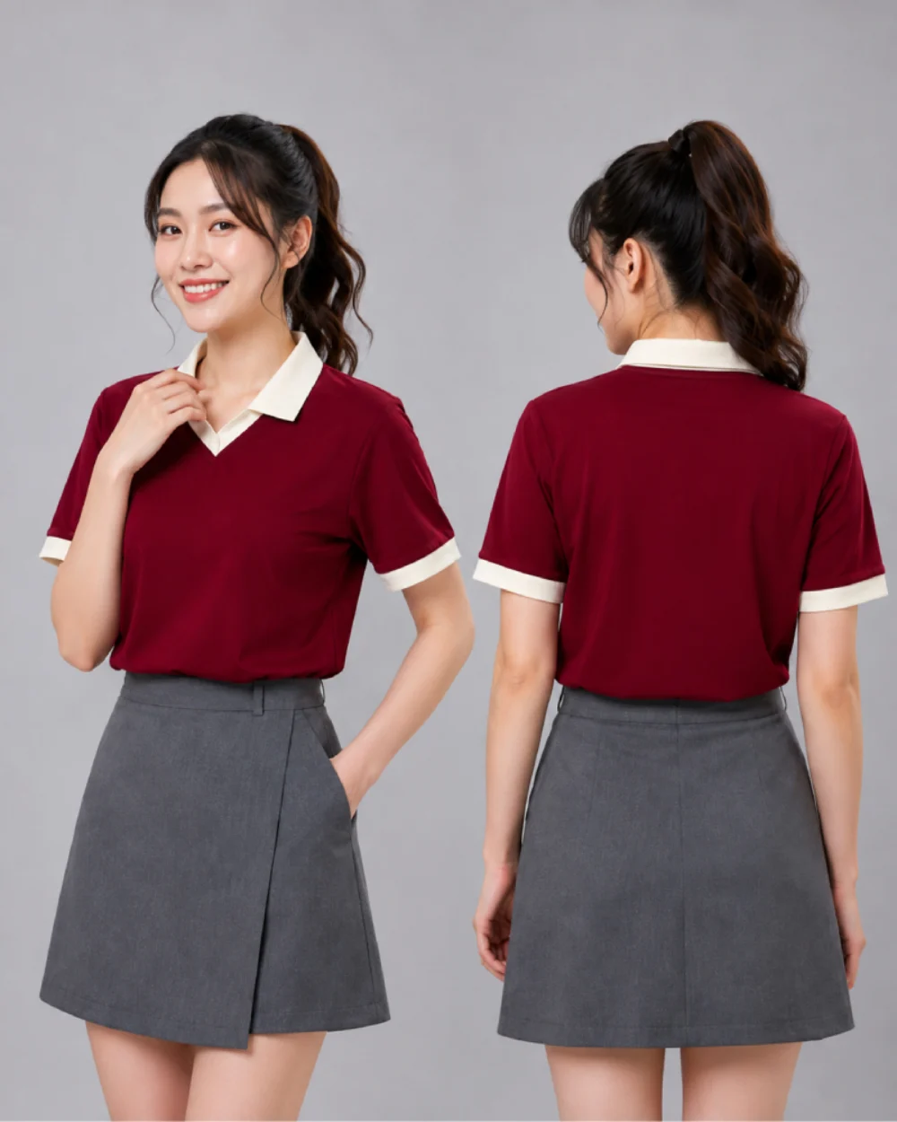 Áo Polo Đồng Phục Đỏ Mận Cổ Tim Viền Kem