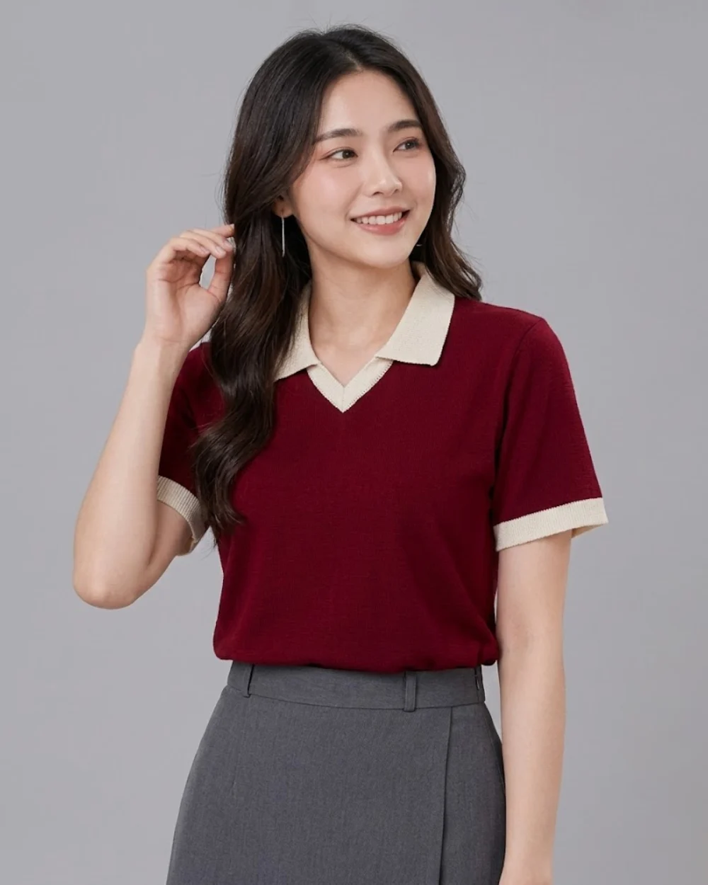 Áo Polo Đồng Phục Đỏ Mận Cổ Tim Viền Kem