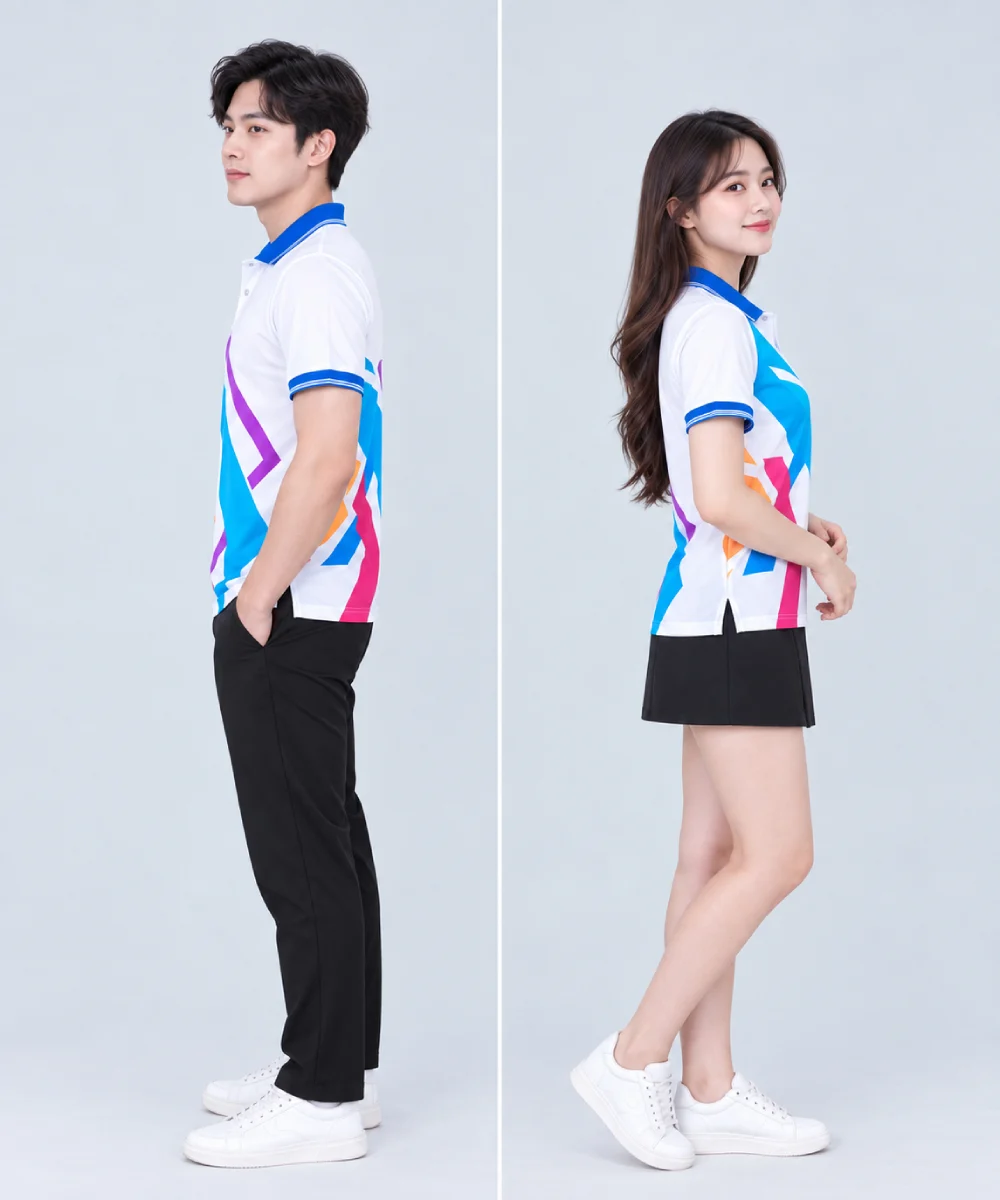Áo Polo Đồng Phục Hình Học Sắc Màu Cổ Xanh Dương