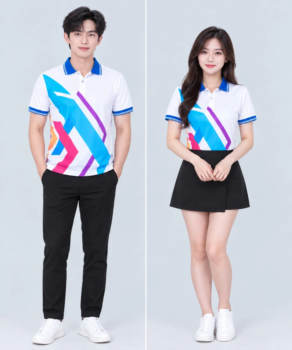Áo Polo Đồng Phục Hình Học Sắc Màu Cổ Xanh Dương