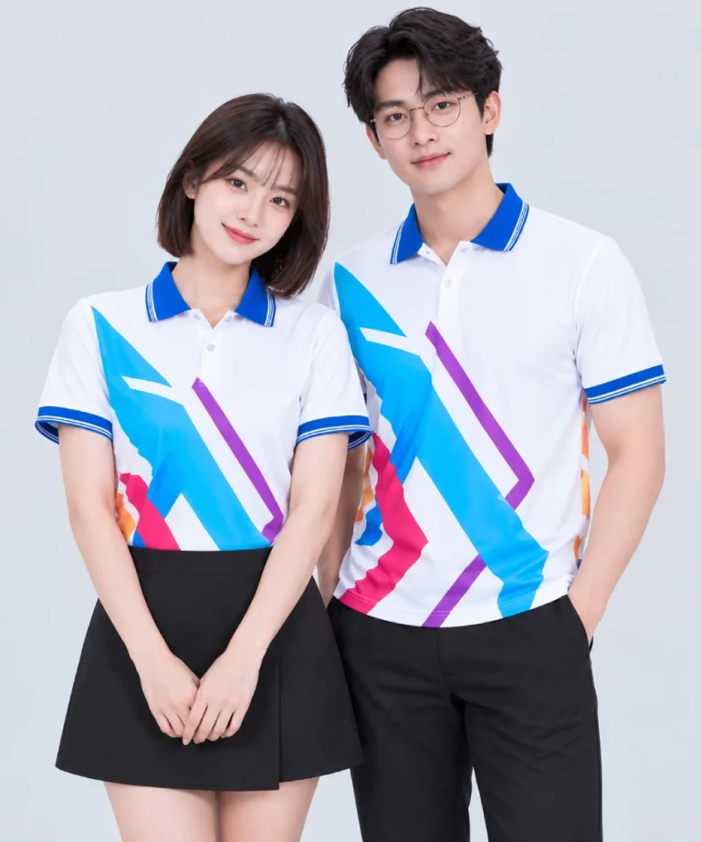Áo Polo Đồng Phục Hình Học Sắc Màu Cổ Xanh Dương