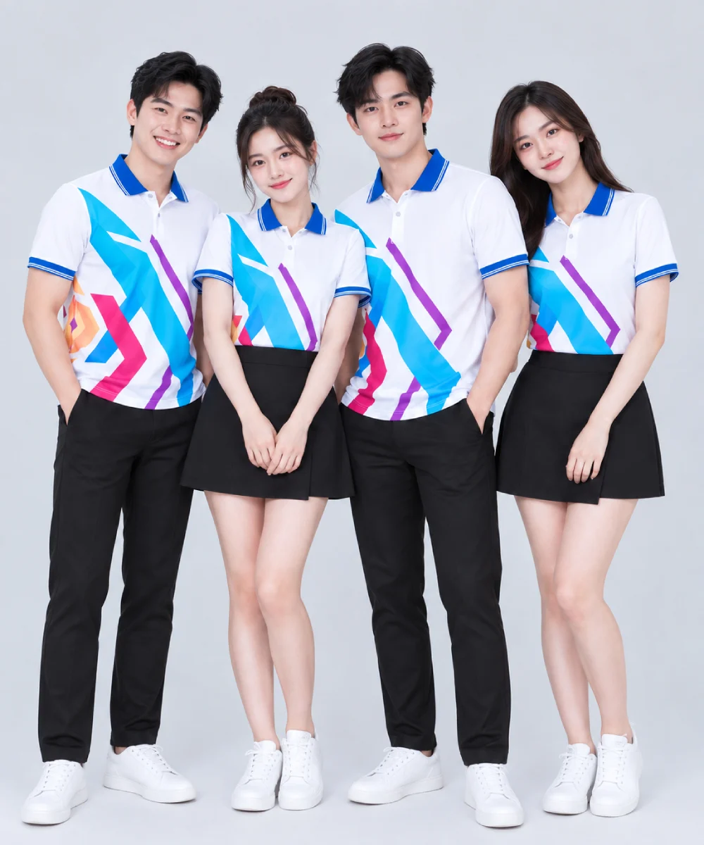 Áo Polo Đồng Phục Hình Học Sắc Màu Cổ Xanh Dương