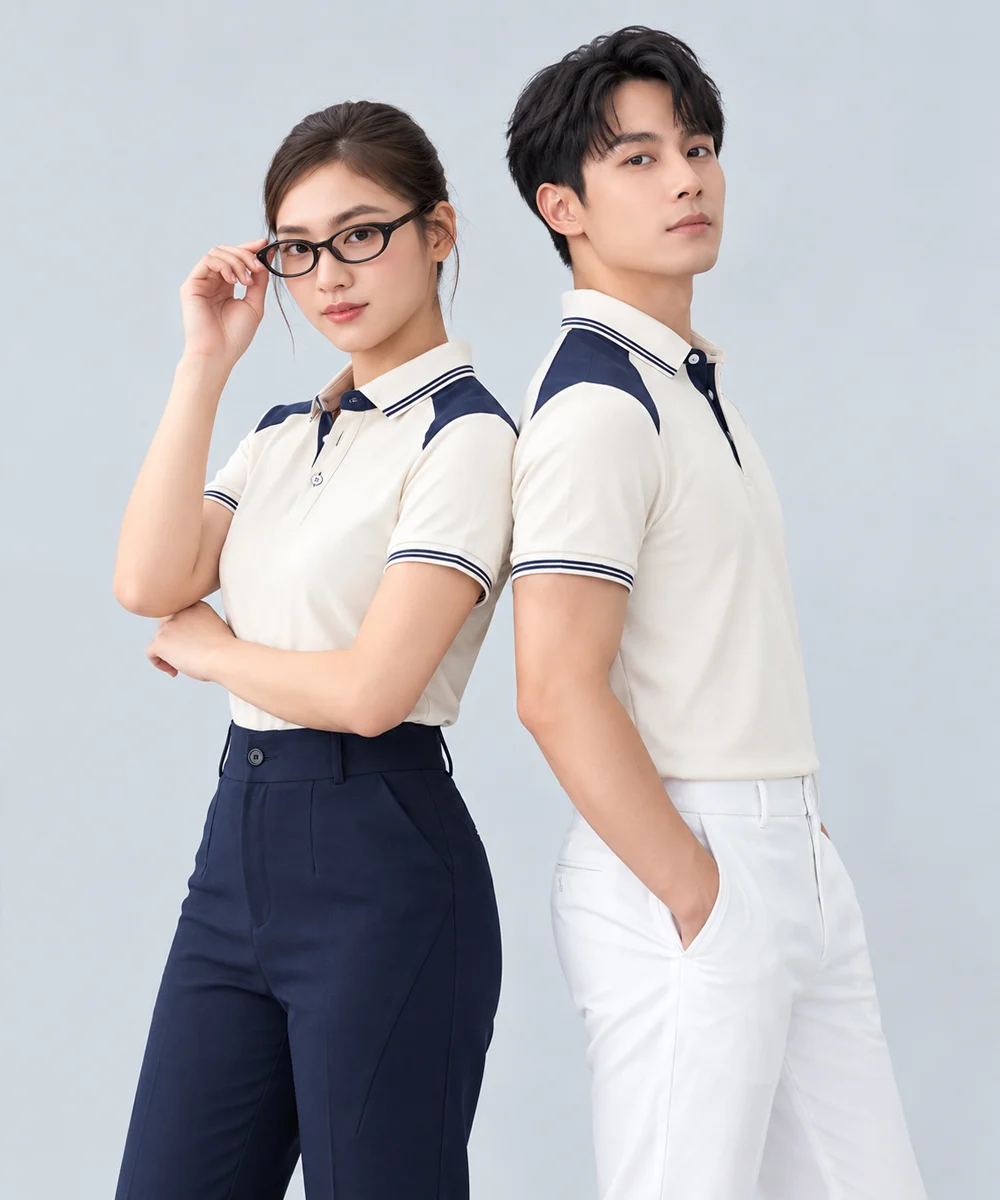 Áo Polo Đồng Phục Màu Be Phối Xanh Than