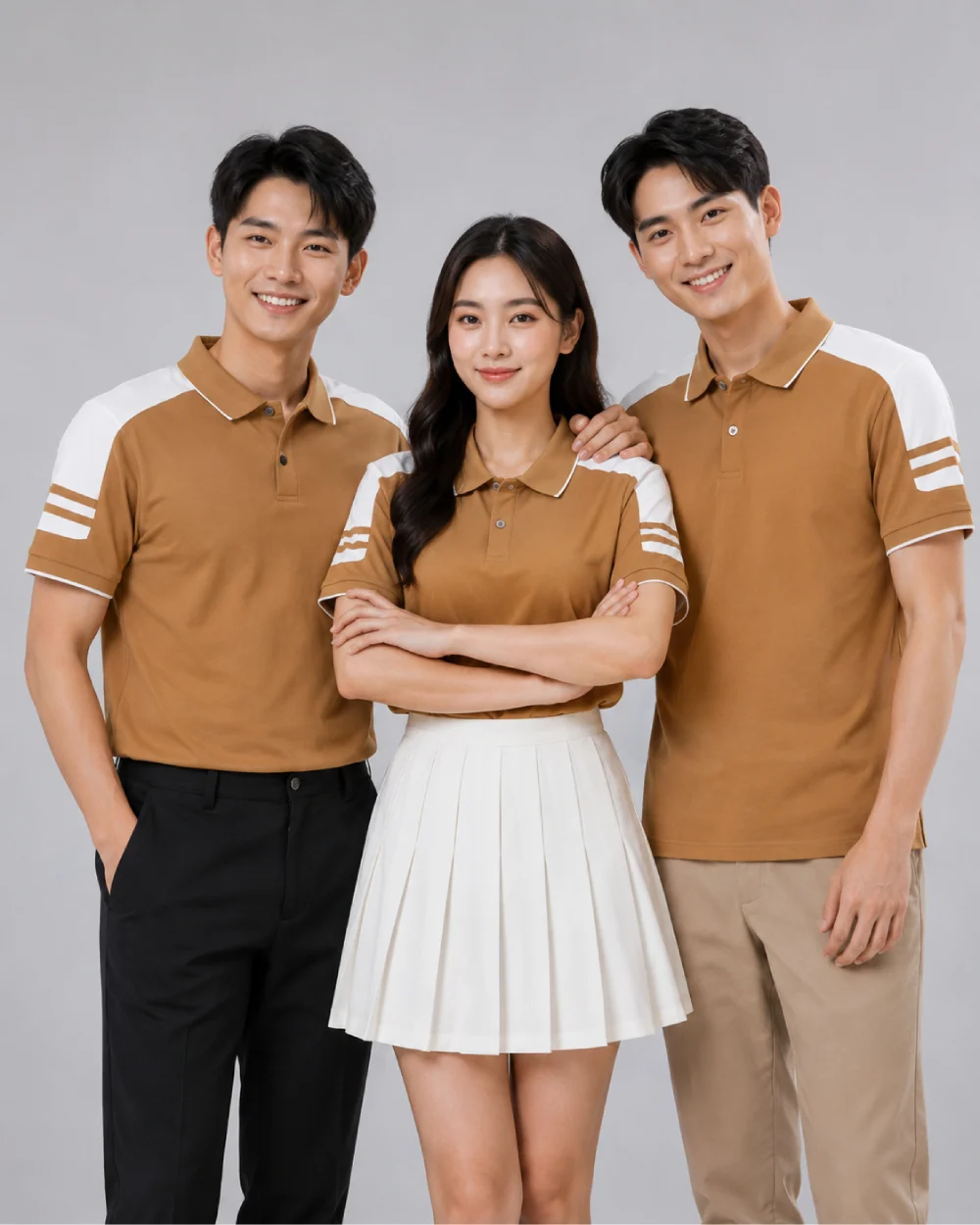 Áo Polo Đồng Phục Màu Cafe Cầu Vai Trắng