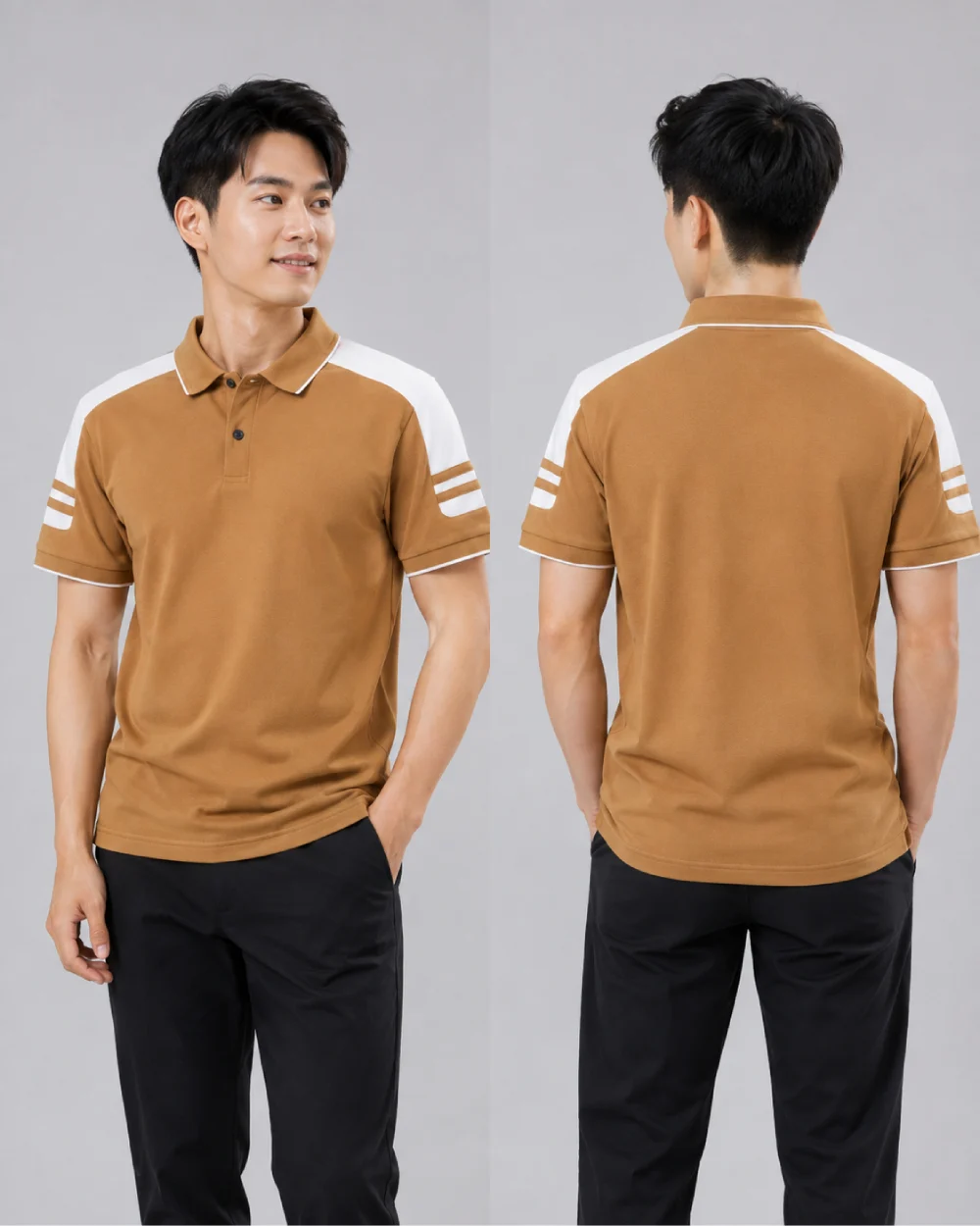 Áo Polo Đồng Phục Màu Cafe Cầu Vai Trắng