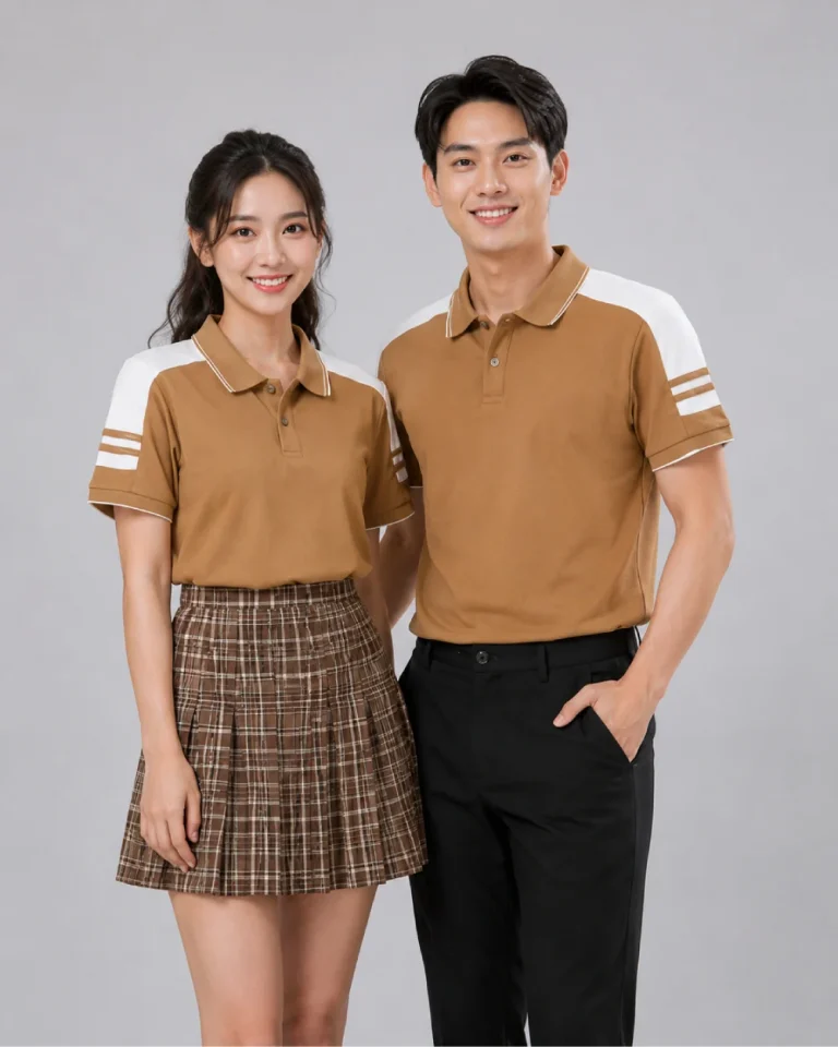 Áo Polo Đồng Phục Màu Cafe Cầu Vai Trắng