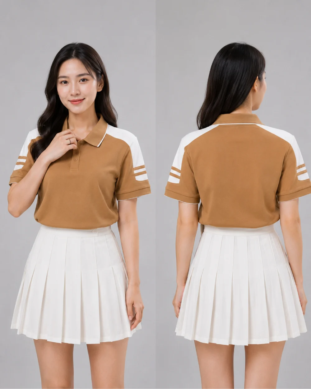 Áo Polo Đồng Phục Màu Cafe Cầu Vai Trắng