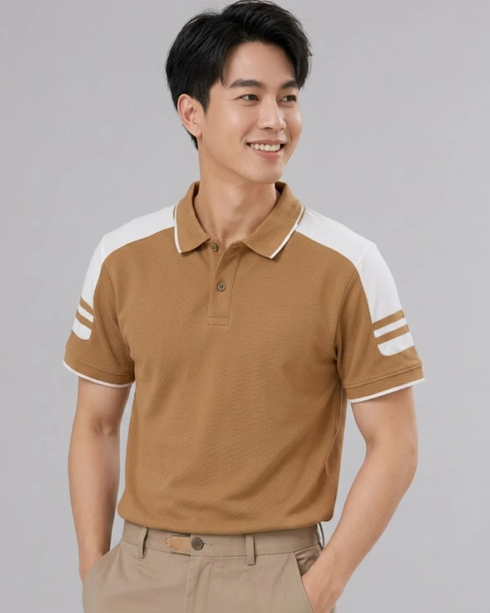 Áo Polo Đồng Phục Màu Cafe Cầu Vai Trắng
