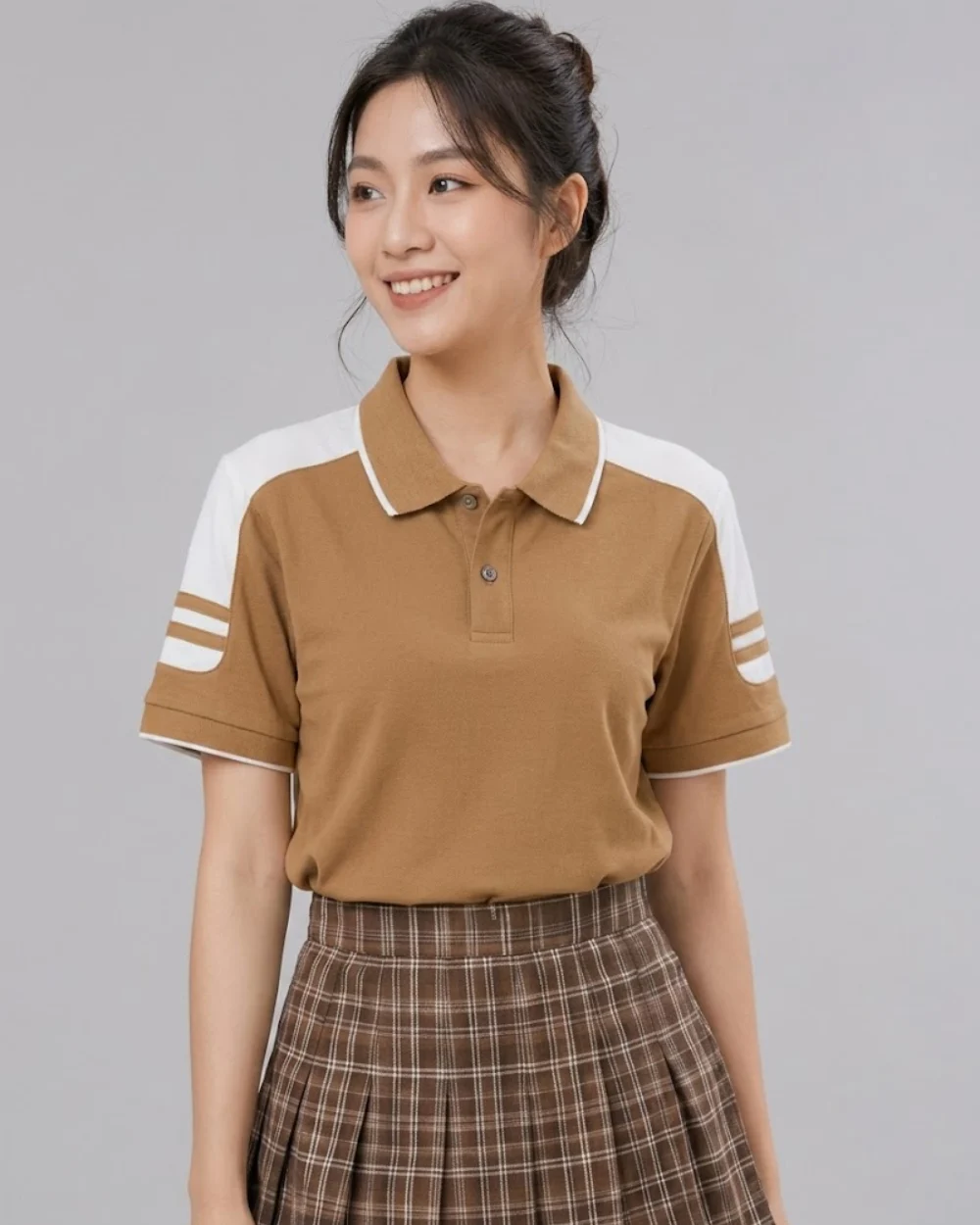 Áo Polo Đồng Phục Màu Cafe Cầu Vai Trắng