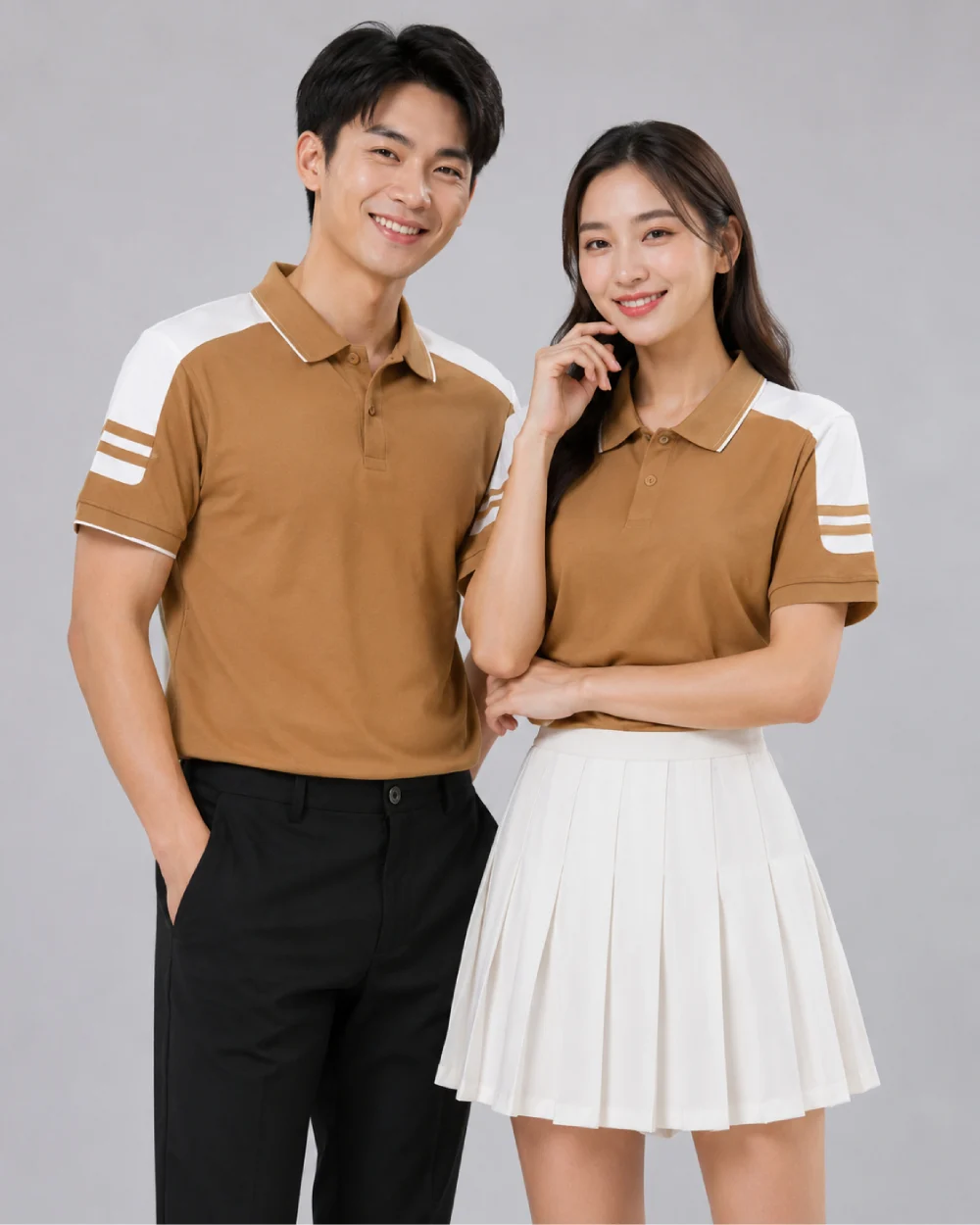 Áo Polo Đồng Phục Màu Cafe Cầu Vai Trắng