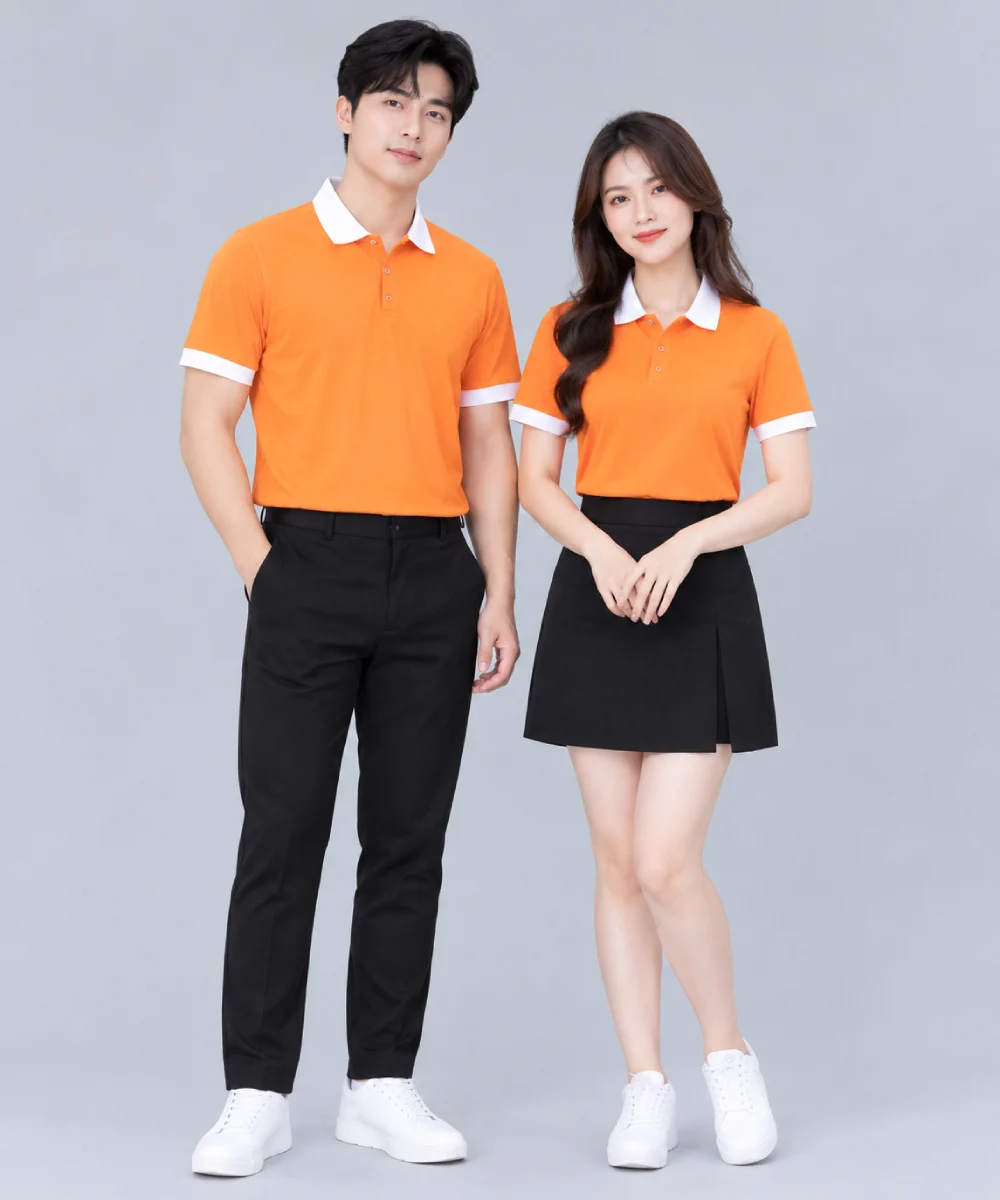 Áo Polo Đồng Phục Màu Cam Cổ Phối Trắng Viền Tay Trắng